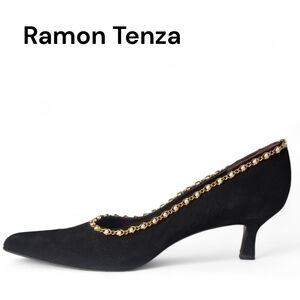 Ramon Tenza Black Kitten Heel Pumps with Gold Chain Trim